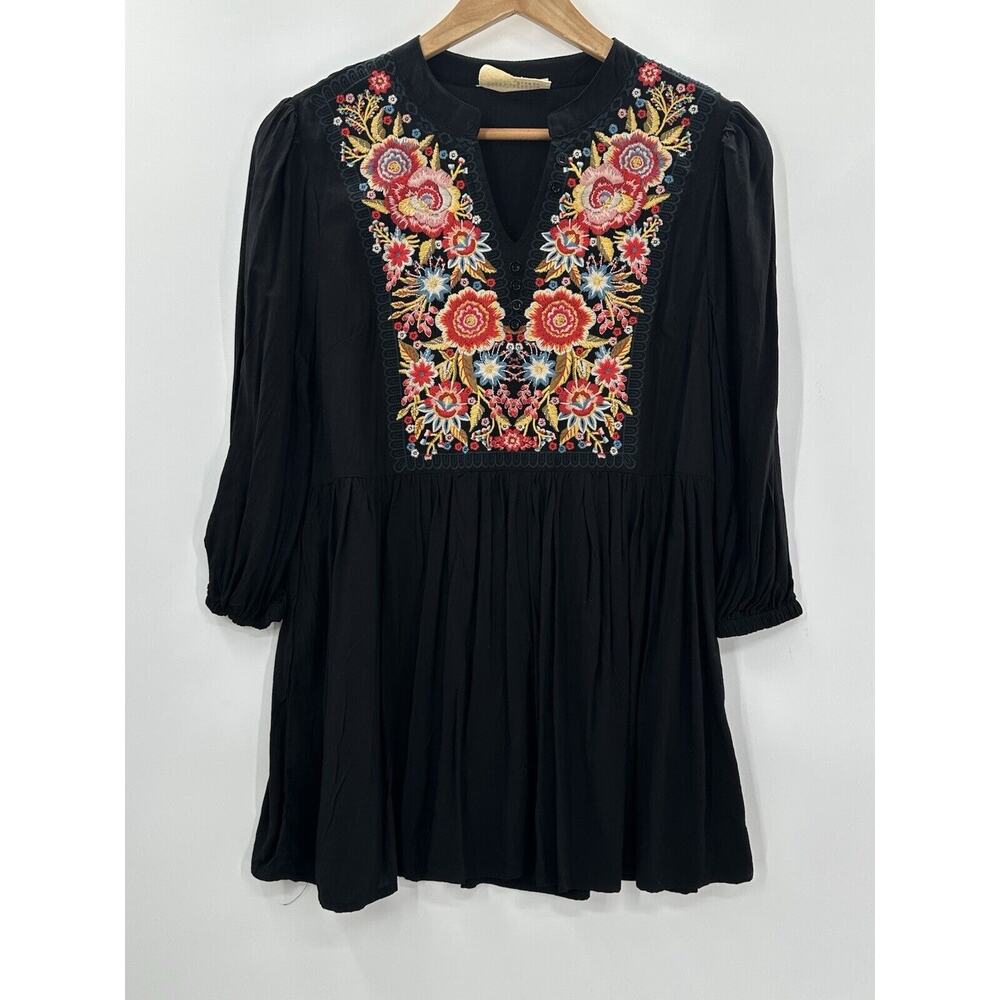 Savanna Jane Women Embroidered Top Size Small Black Multicolored Boho Western